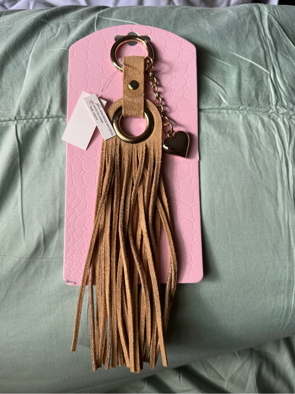 Tan Faux Suede Tassel Keychain Bag Charm NWT Boho Western Heart Gold
